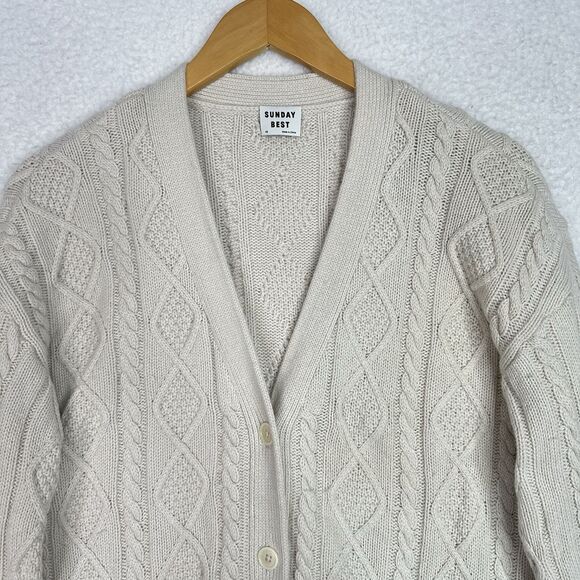 Aritzia Sunday Best Wool Blend Cable Knit Cardigan Sweater XS Cream Oversized - Picture 3 of 12